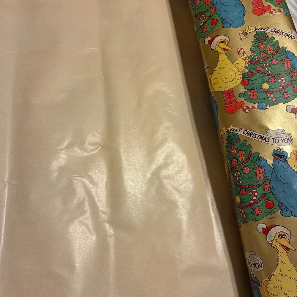 Vintage Sesame Street Christmas Wrapping Paper 24ft Gold Big Bird Cookie Monster